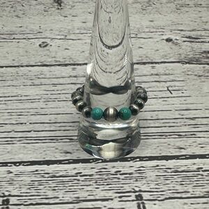 Turquoise and Silver Bead Stretch Ring - Women Jewelry